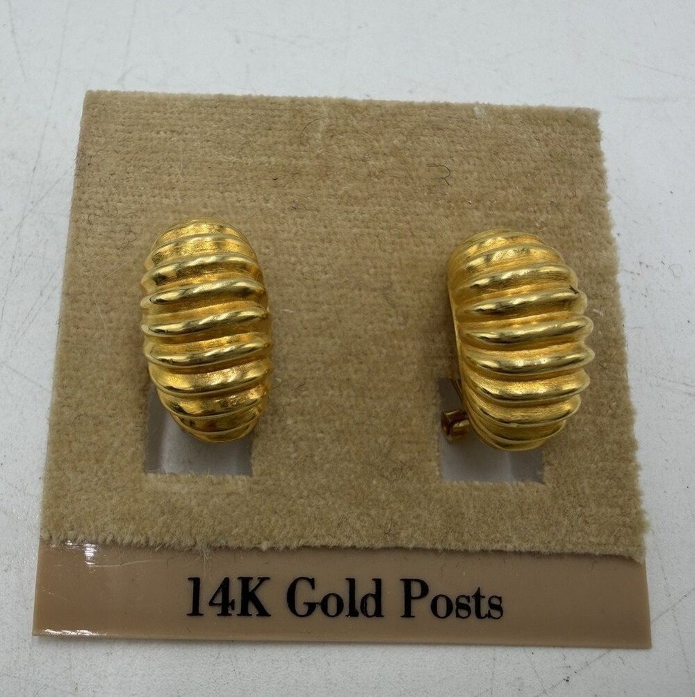 Talbots Ribbed Hoop Earrings 14K Posts Womens Vintage Gold